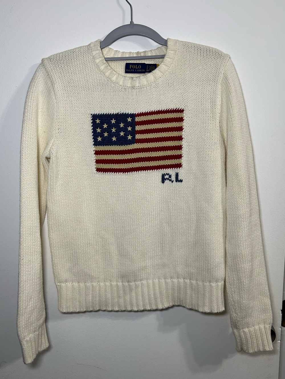 Polo Ralph Lauren Cream Crewneck Sweater with American Flag